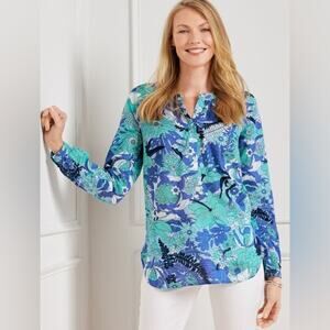 TALBOTS | Blue Jungle Garden Band Collar Popover Long Sleeve Blouse | Large